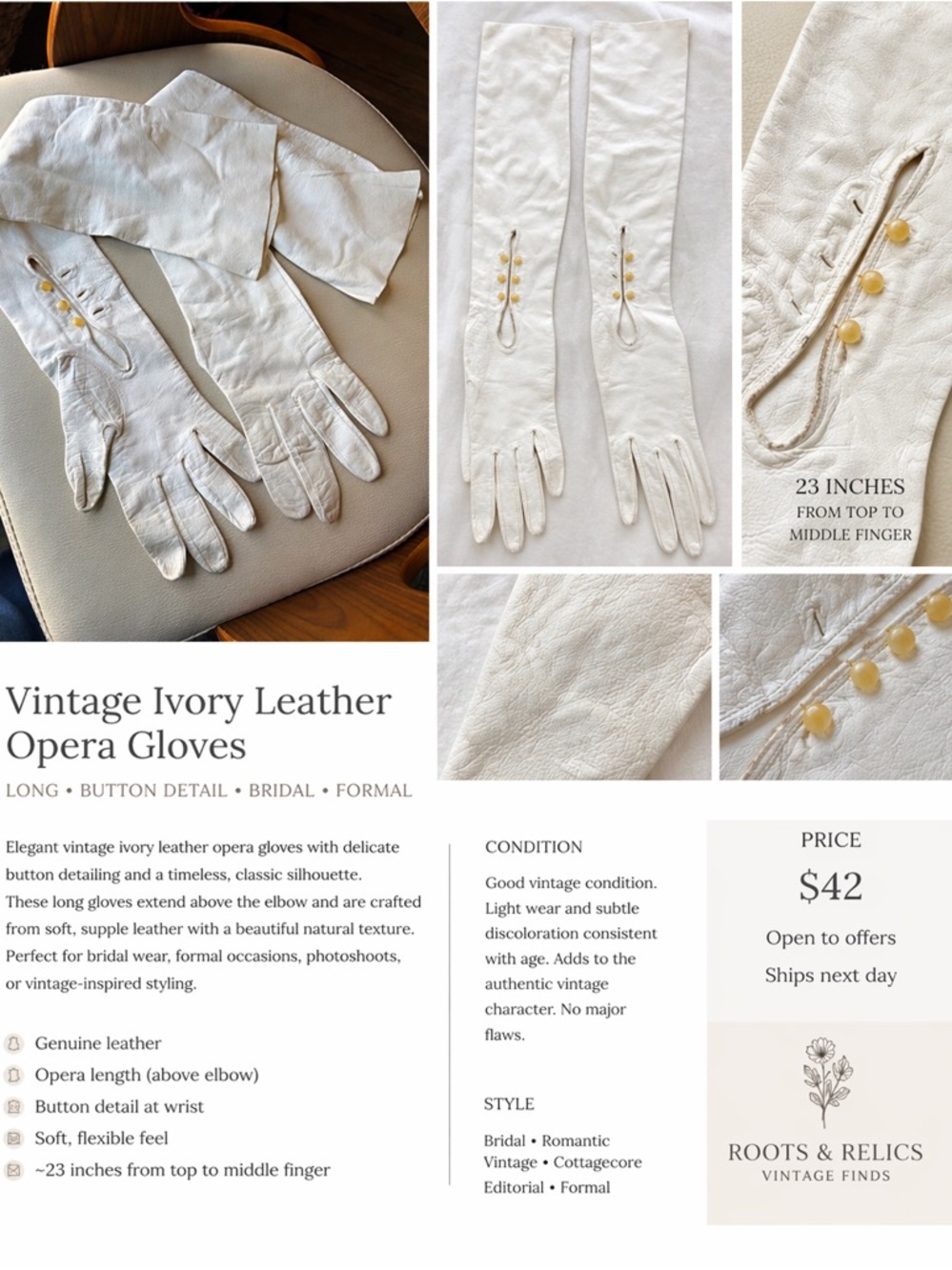 Vintage Ivory Leather Opera Gloves - Long Bridal Gloves